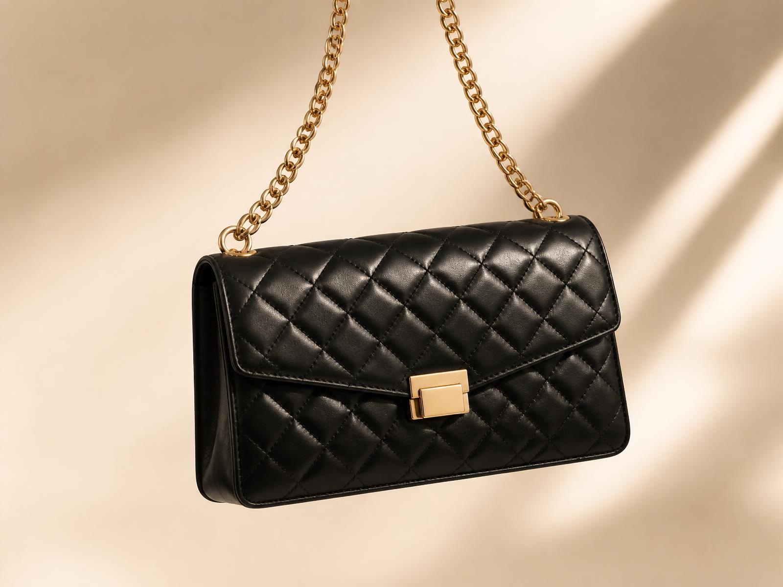 Black quilted leather handbag with a gold chain strap